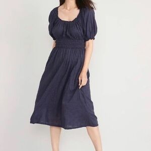 Puff-sleeve waist defined embroidered midi dress